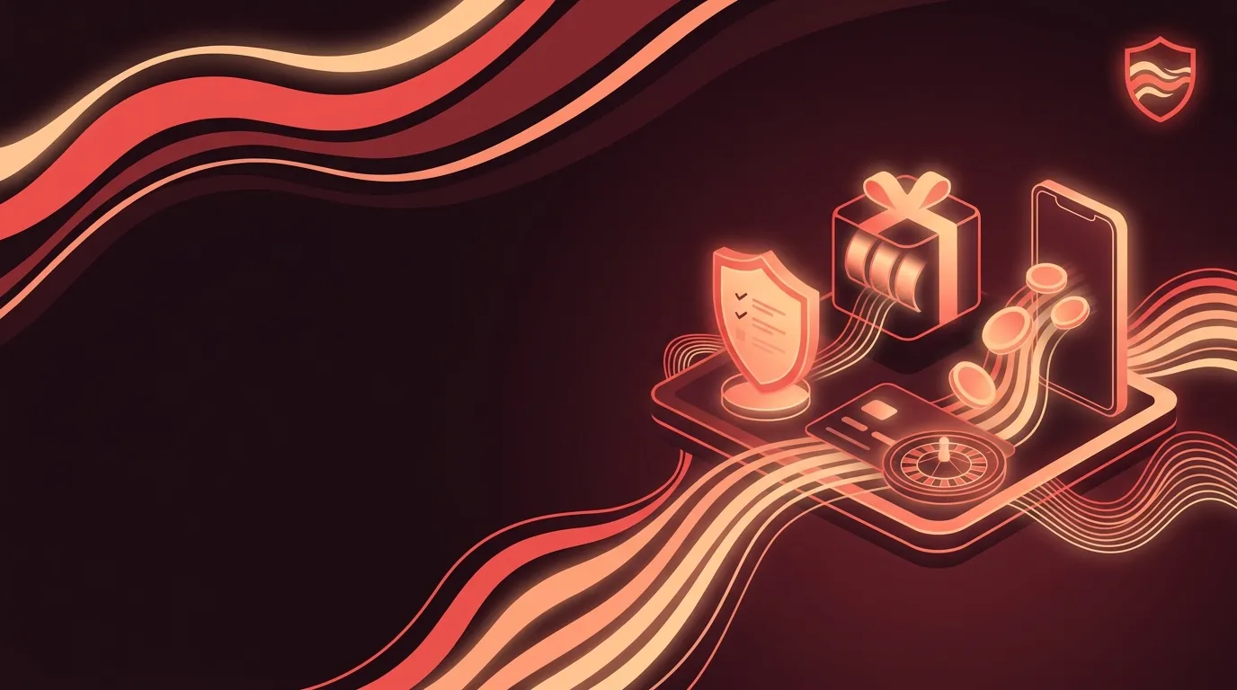 Dark burgundy hero banner with coral and peach kinetic wave motifs, central roulette wheel and glowing reels on the right, co